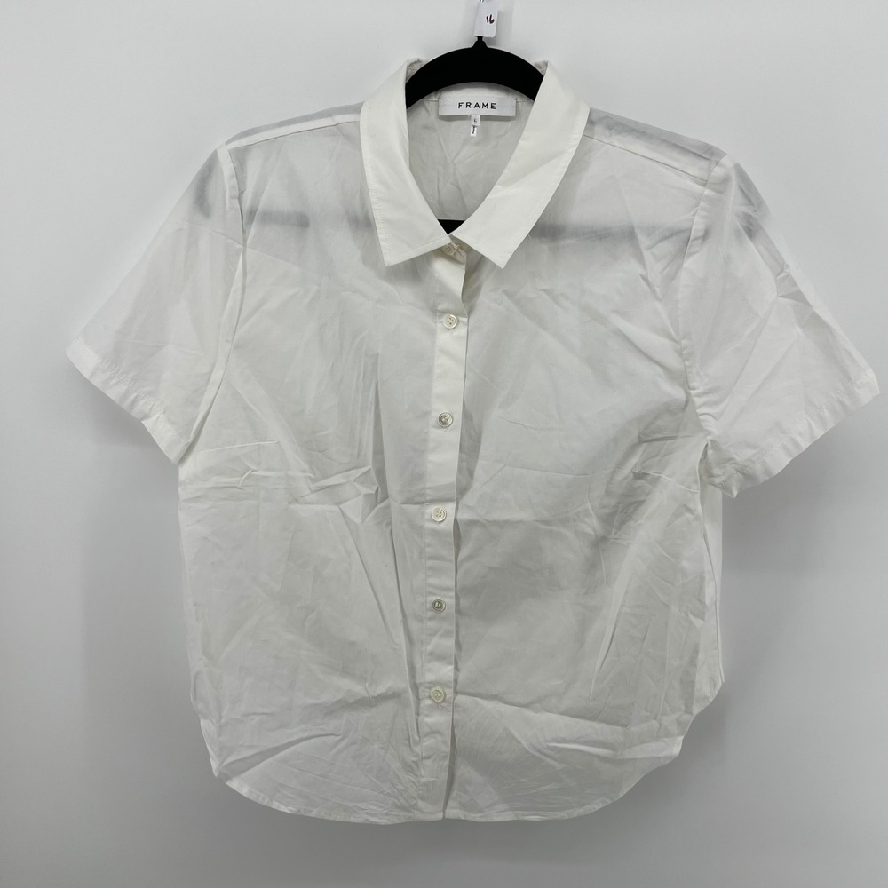 FRAME NWT Blanc White Short Sleeve Cotton Button Down Shirt Women's L - Picture 1 of 8